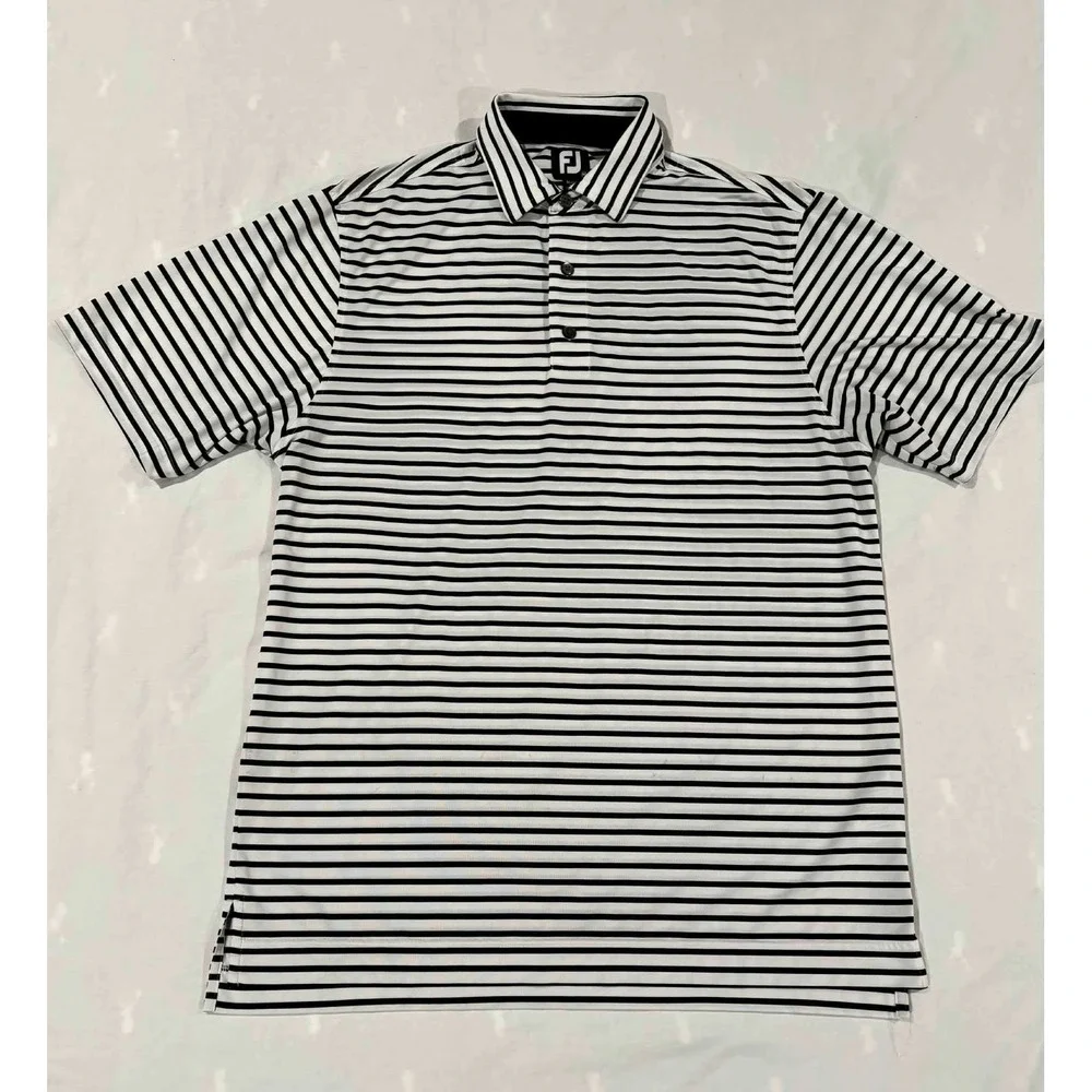 FootJoy Mens Performance Golf Polo Shirt Navy White Striped Short Sleeve M